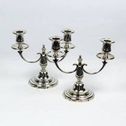 Pair of candlesticks | antique two-armed candelabra in silver-plated metal