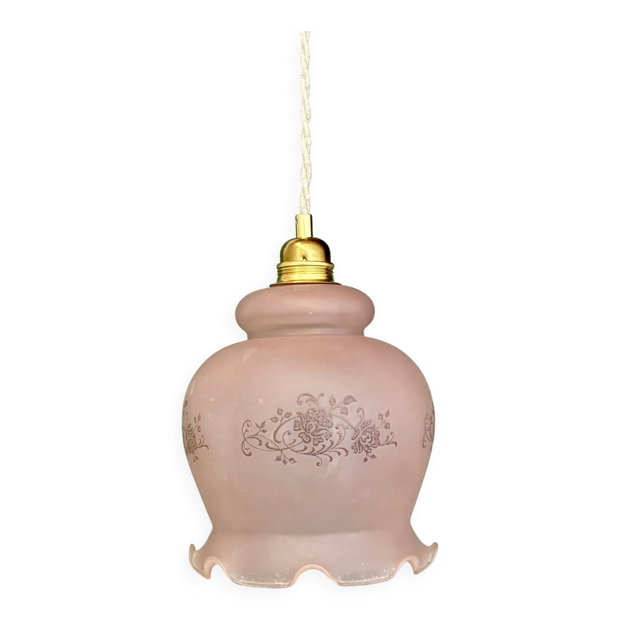 Suspension globe vintage en verre dépoli rose