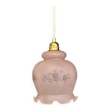 Suspension globe vintage en verre dépoli rose