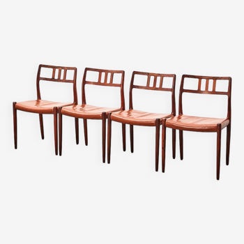 Set de 4 chaises N.O. Moller  modèle 79 en palissandre et cuir pour J.L. Mollers Danemark 1966