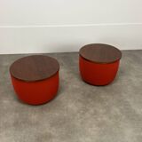 Pair of space age side tables, red velvet from the 70s