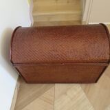 Vintage storage chest - curved - woven rattan - 1970s - mahogany colour