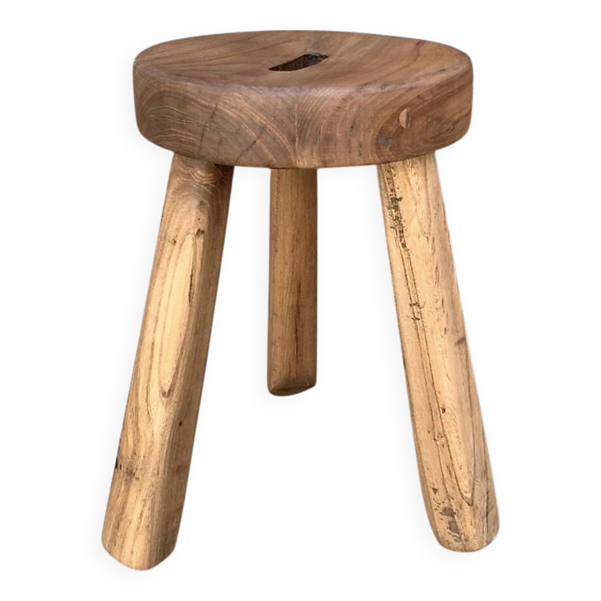 Antique brutalist tripod stool in solid wood