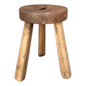 Antique brutalist tripod stool in solid wood
