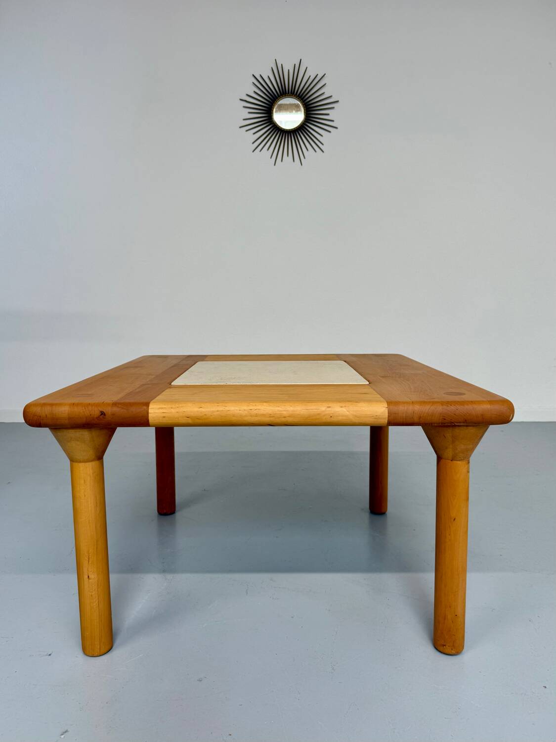 Table basse ancienne bois et travertin design des années 70 vintage