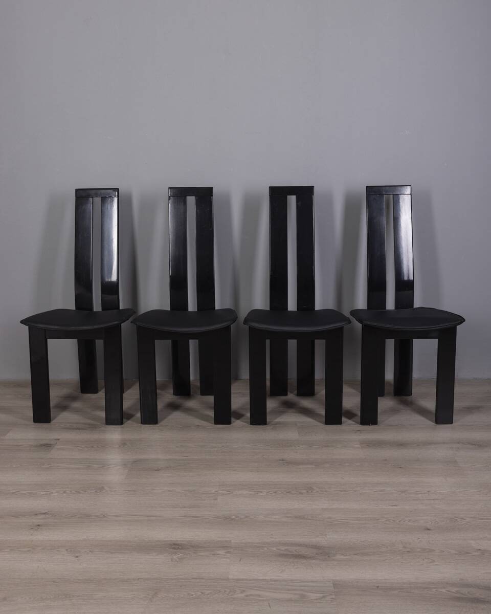 SET OF 4 VINTAGE 1970S WOOD AND LEATHER CHAIRS DESIGN P COSTANTINO FOR ELLO