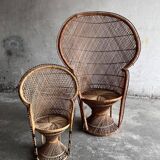 Set of 2 Emmanuelle rattan armchairs — natural beige rattan with black accents, large & small