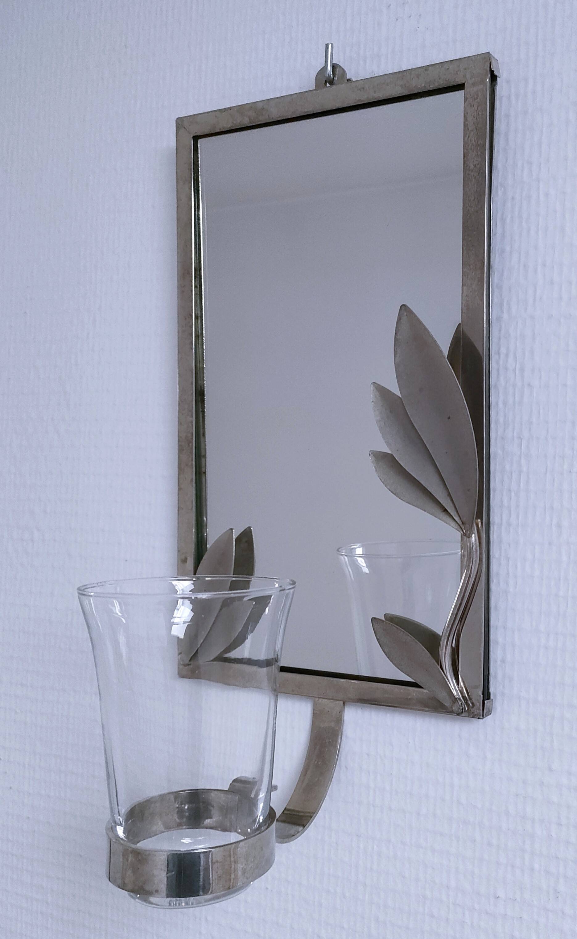 bougeoir métal argenté miroir décor feuillagé estampillé années 70