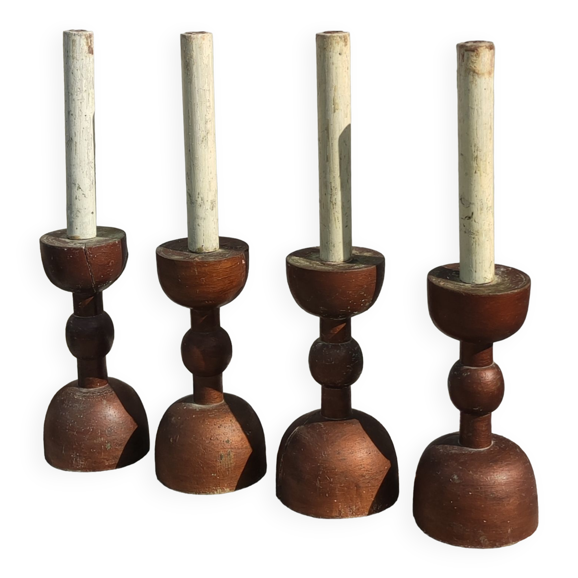 Series of 4 old large wooden candlesticks/brutalist