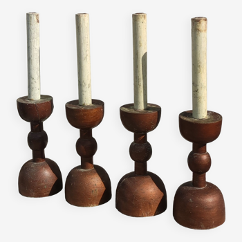 Series of 4 old large wooden candlesticks/brutalist