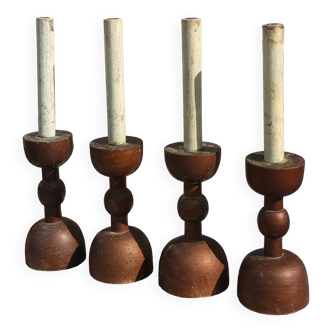 Series of 4 old large wooden candlesticks/brutalist