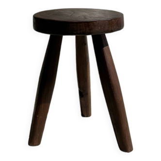 Tabouret tripode en teck upcyclé haut plat - Petit tabouret tripode en bois massif brun assise circu
