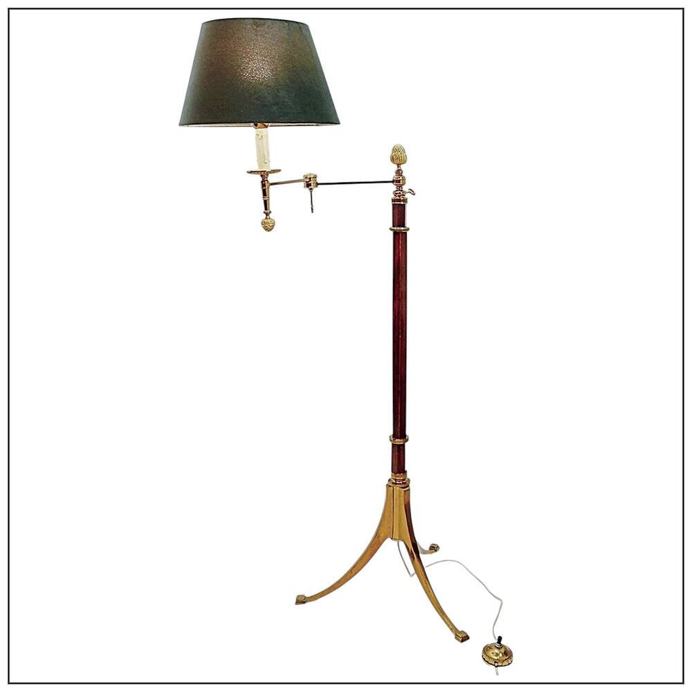 Library or reading floor lamp in brass and wood, mid-20th century.