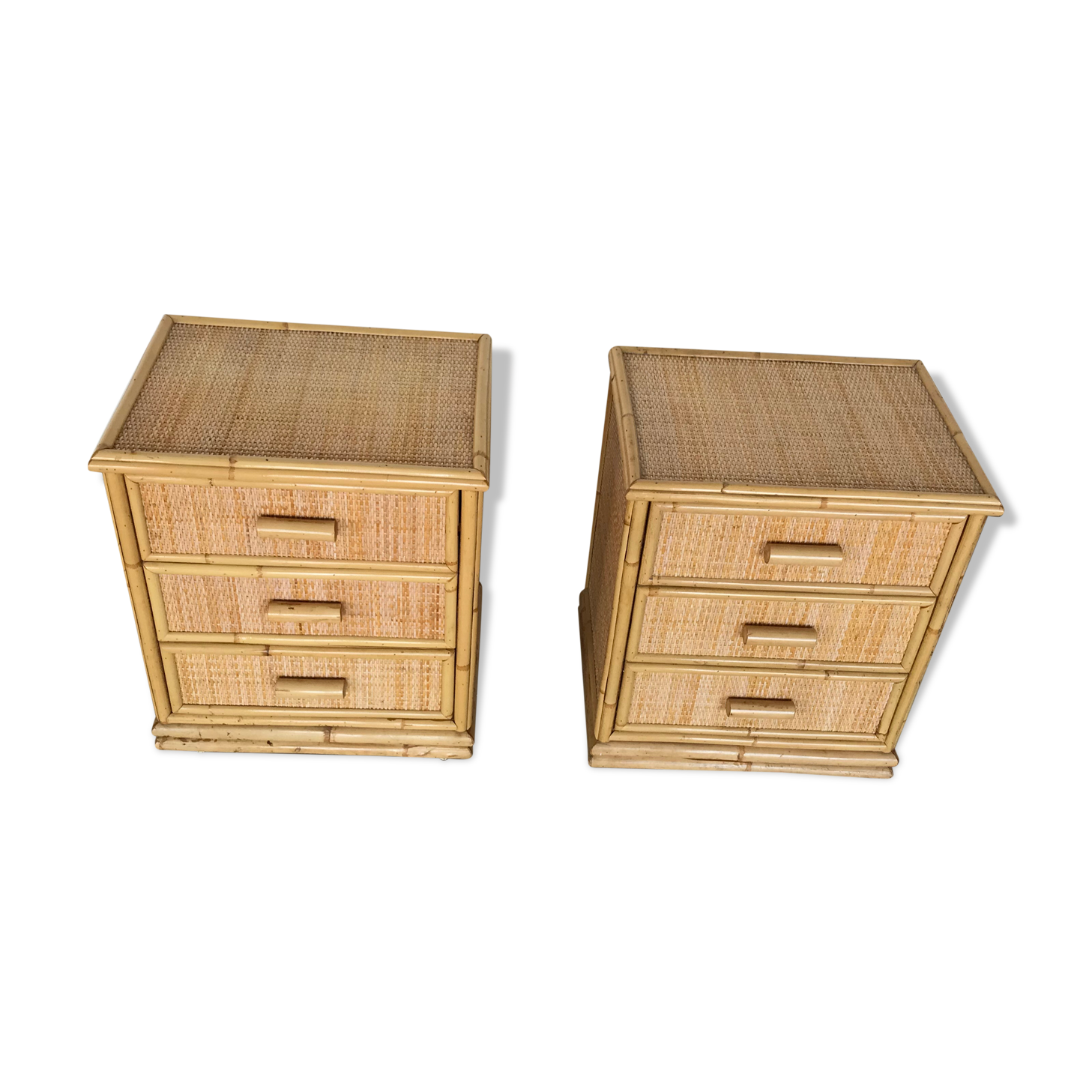 Pair of bamboo and braided rattan bedsides