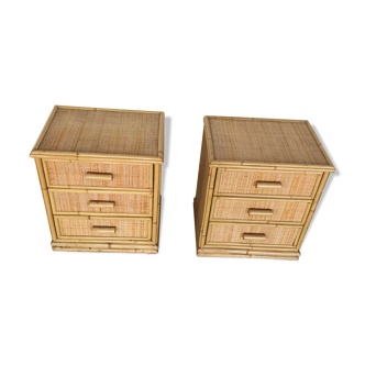Pair of bamboo and braided rattan bedsides
