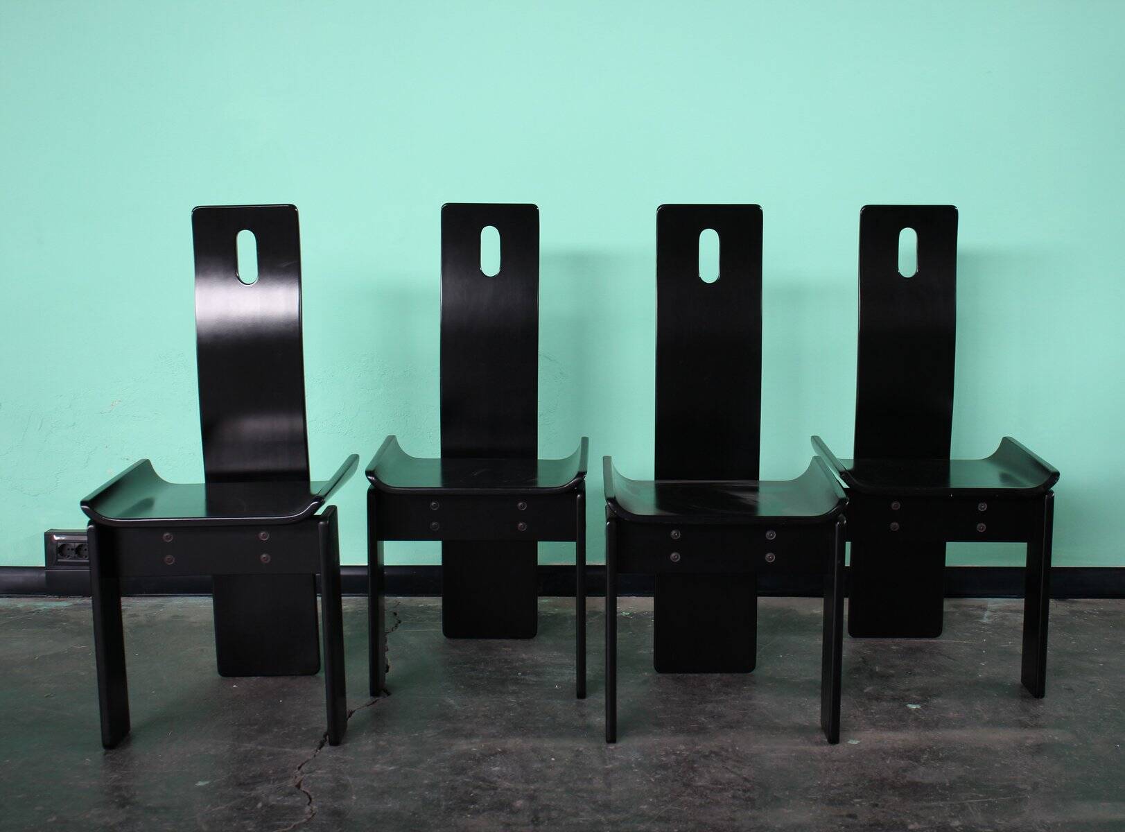 High-Back Black Lacquer Dining Chairs, Italy, 1970s, Set of 4