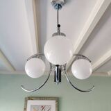Chrome chandelier with 3 white glass spheres, 70s