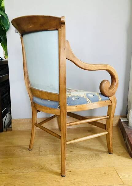 19th century St Empire armchair in pegged blond walnut with cross-stitched tapestries