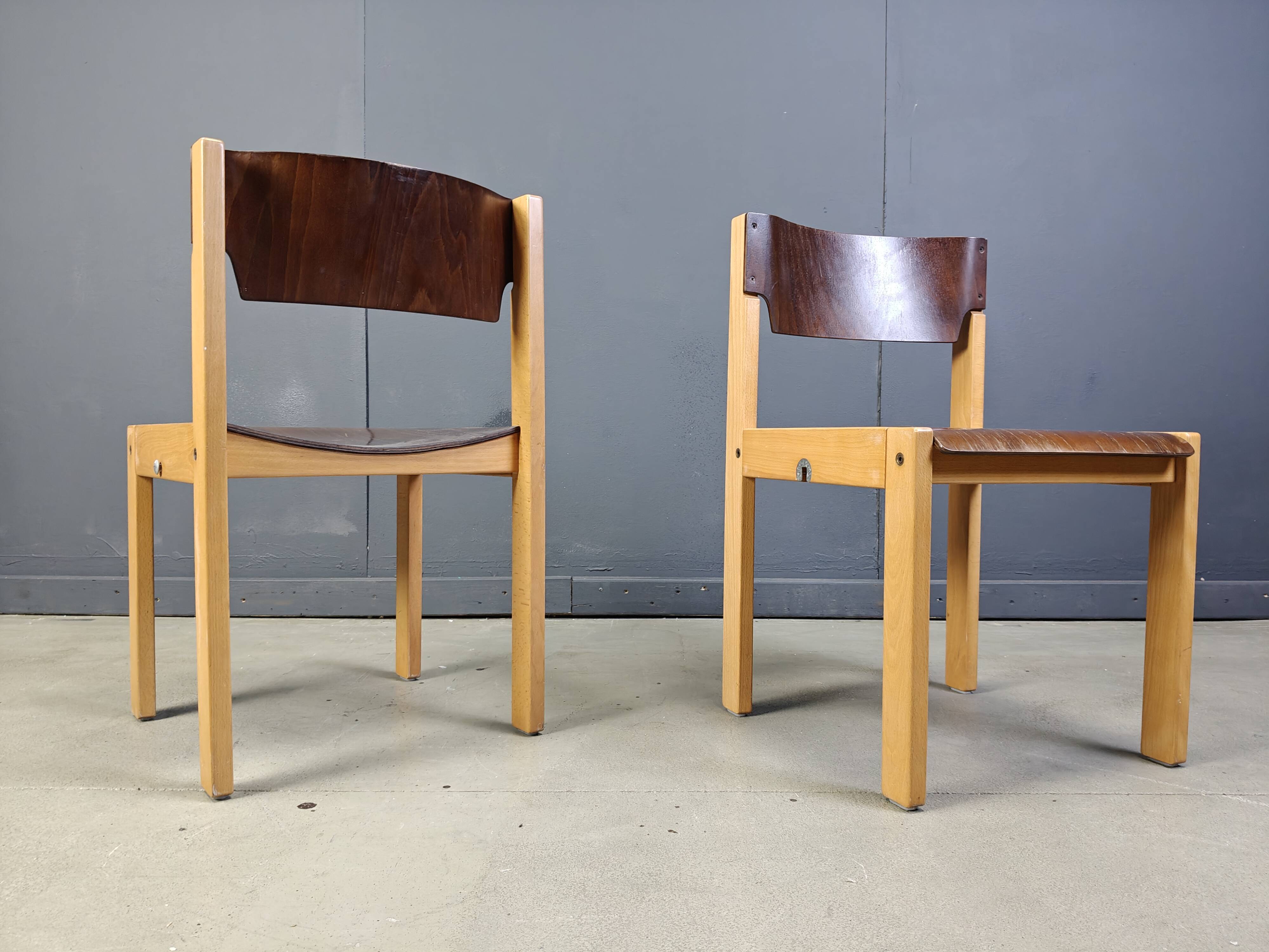 Mid-Century Brown and Birch Stacking Chairs set of 5