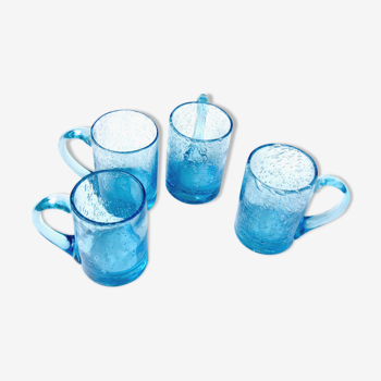 Four Biot glass mugs blue bubbled glass