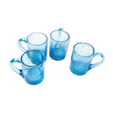 Four Biot glass mugs blue bubbled glass
