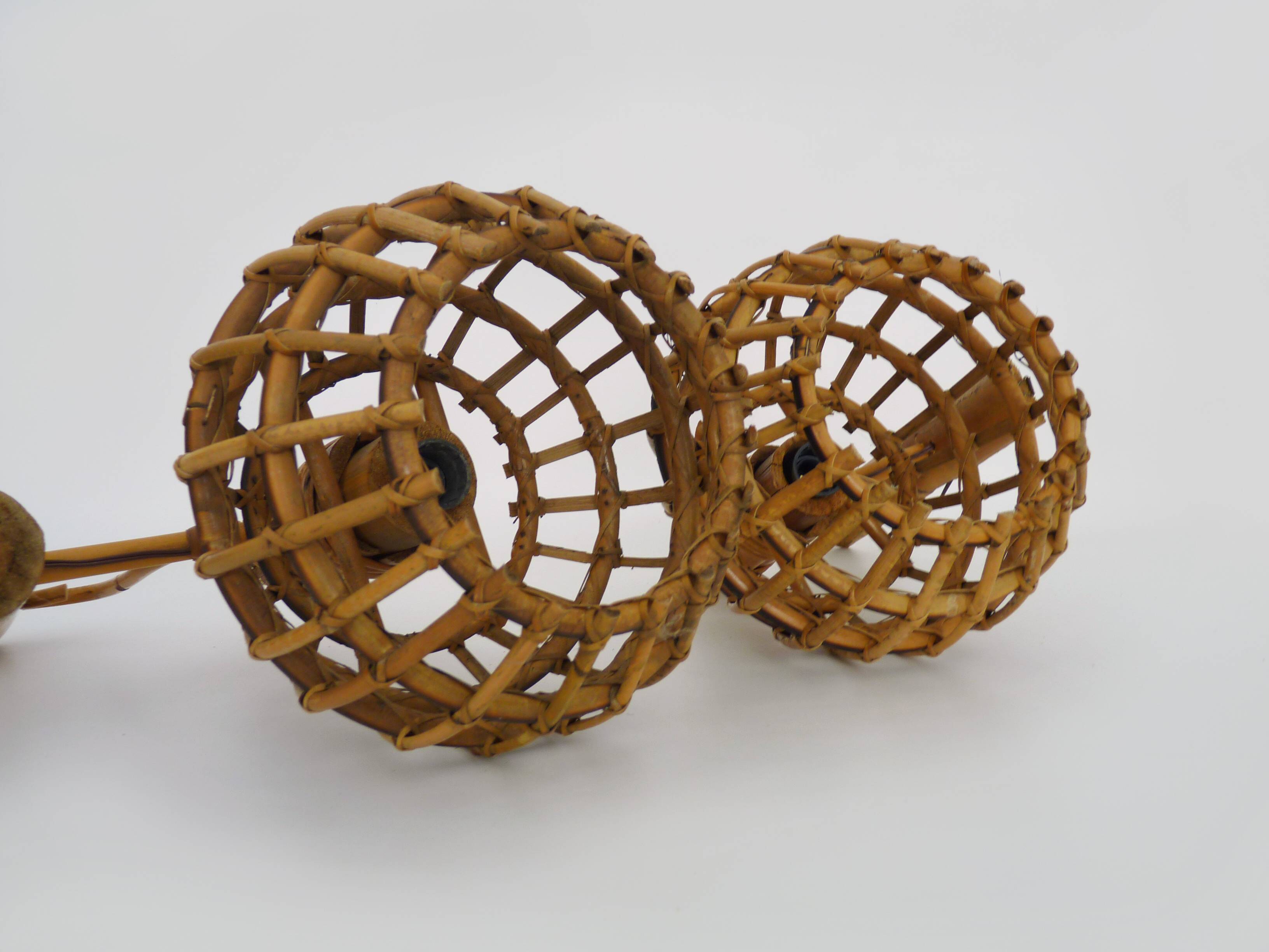 Pair of bamboo rattan lantern wall lights. 50s 60s