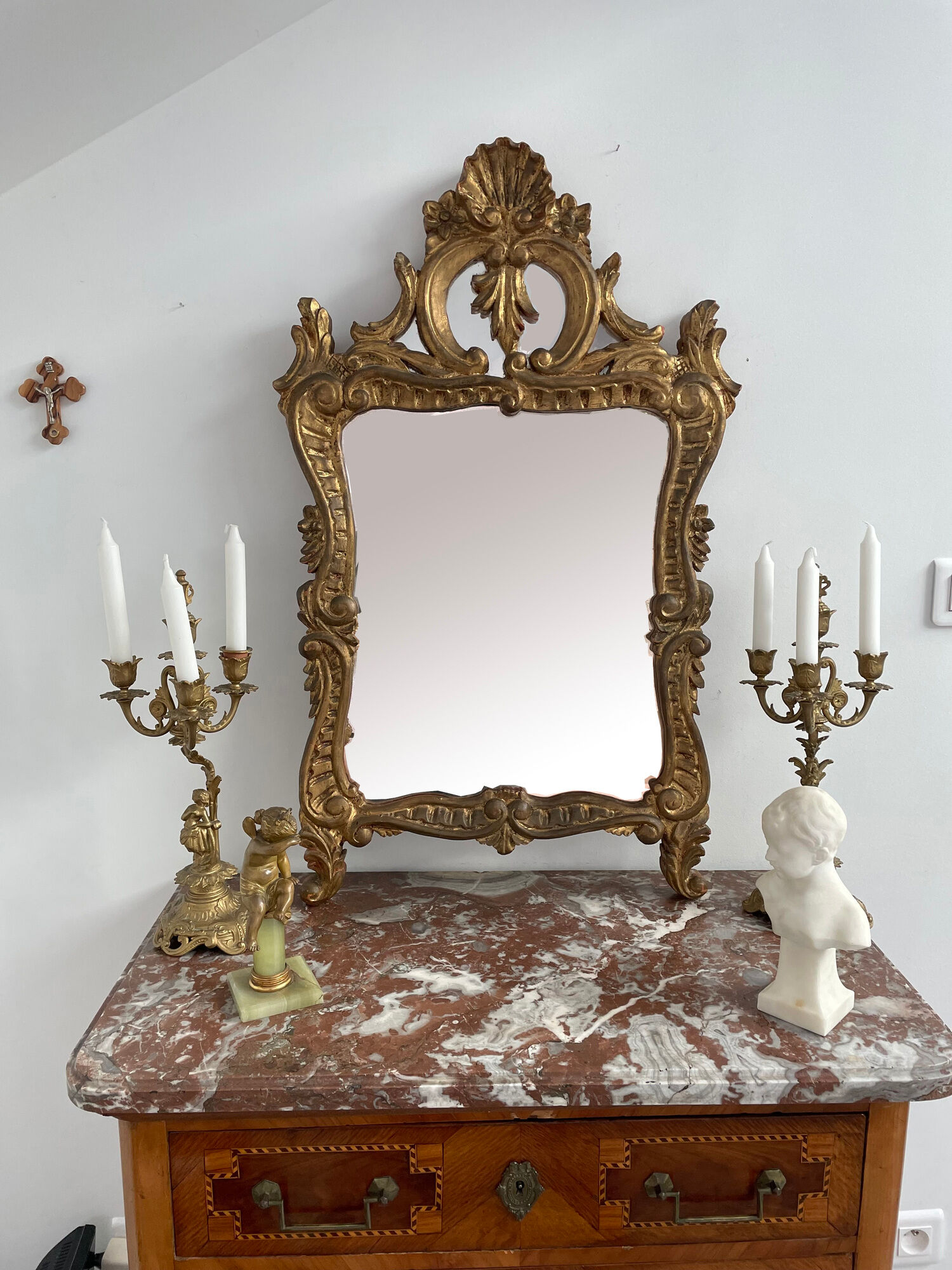 Antique mirror in stuccoed and gilded wood - rocaille style - France 50x86cm