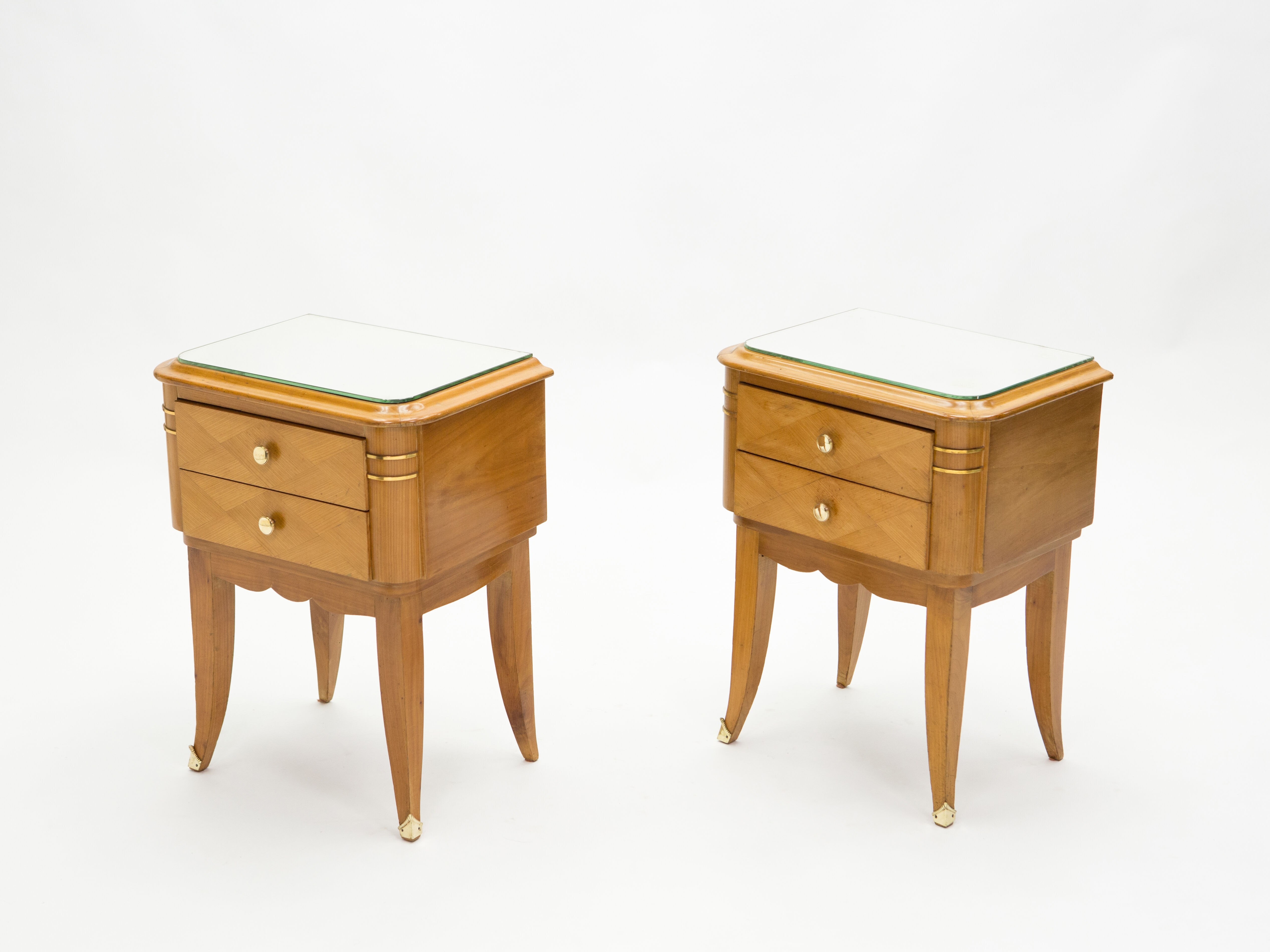 Pair of bedsides in sycamore brass mirror by Jean Pascaud 1940