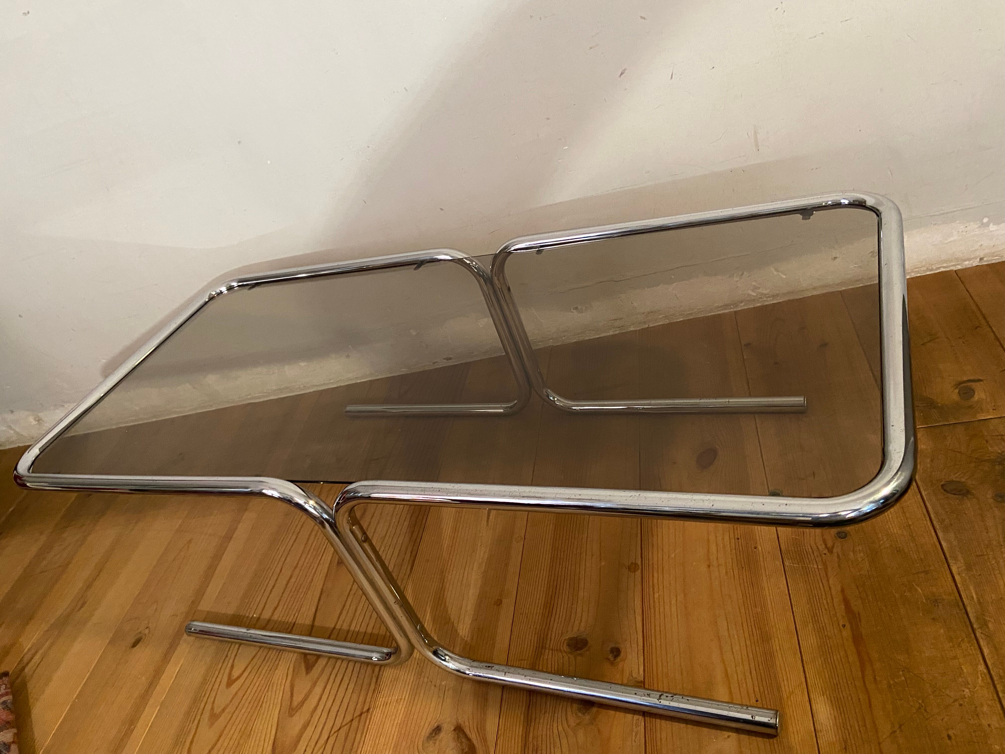 Vintage coffee table in chrome and smoked glass 70s
