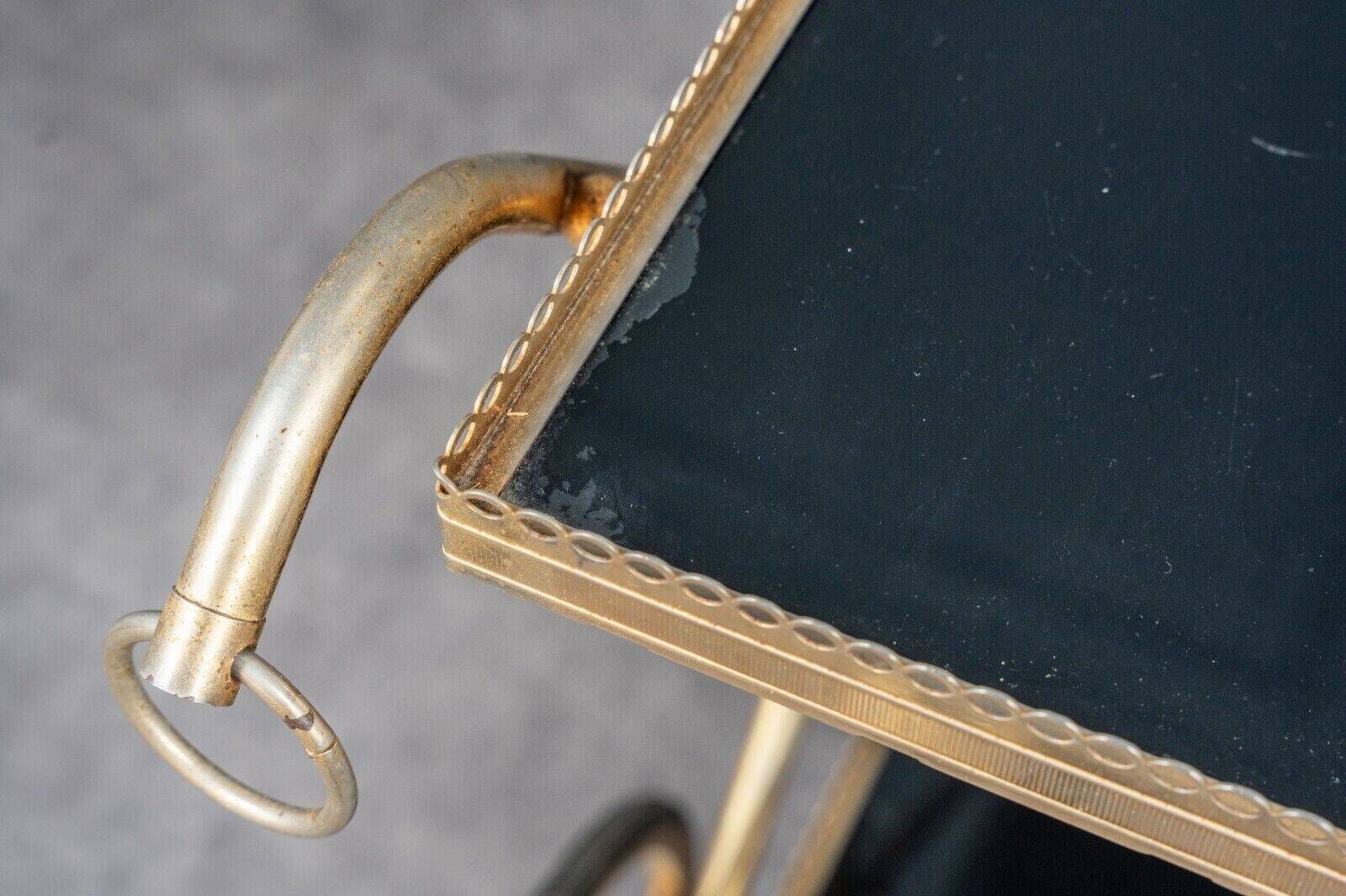Rolling bar trolley in gold metal and black opaline two trays 1960