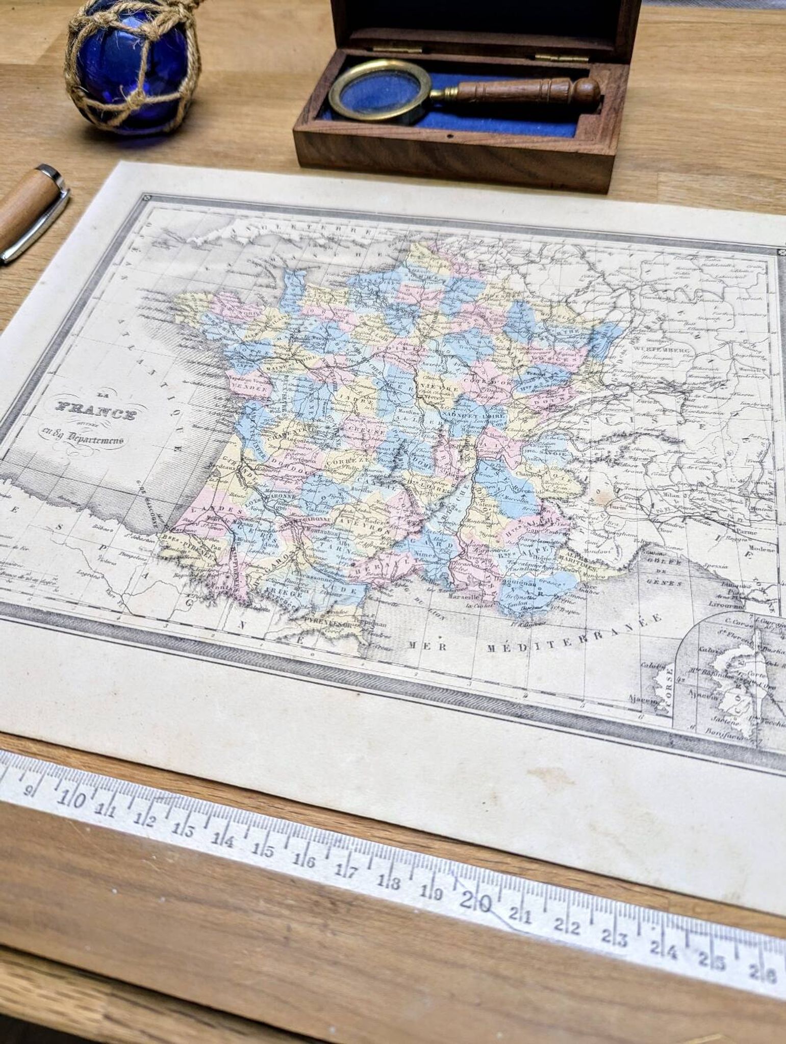 France and departments, old map, printed in 1852. Authentic.