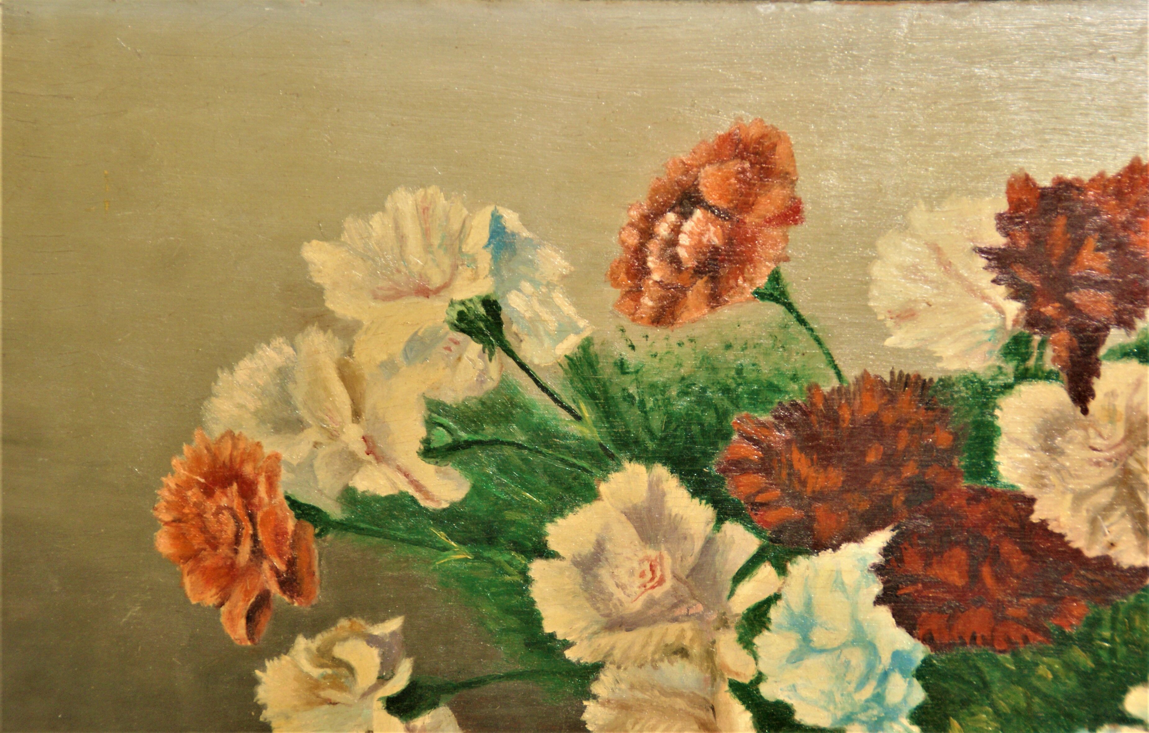 Oil on panel bouquet of carnations signed