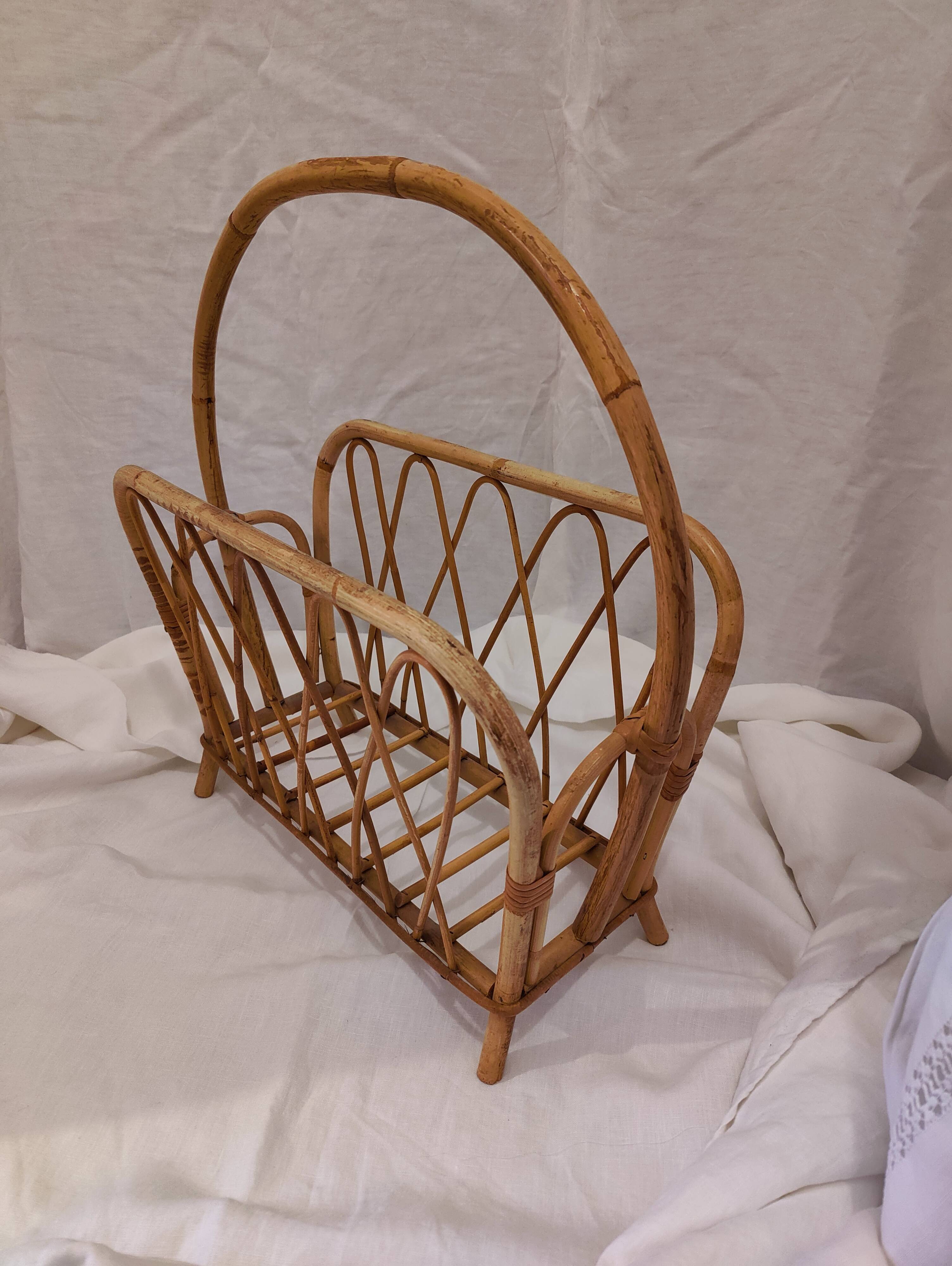 Vintage 1950s woven wicker magazine rack