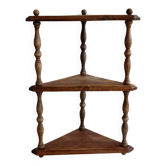 Vintage wooden corner wall shelf with 3 levels – Turned wooden supports