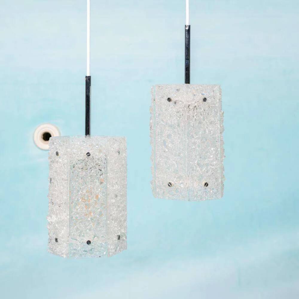 Vintage hexagonal glass and chrome pendant lamp from the 1960s.