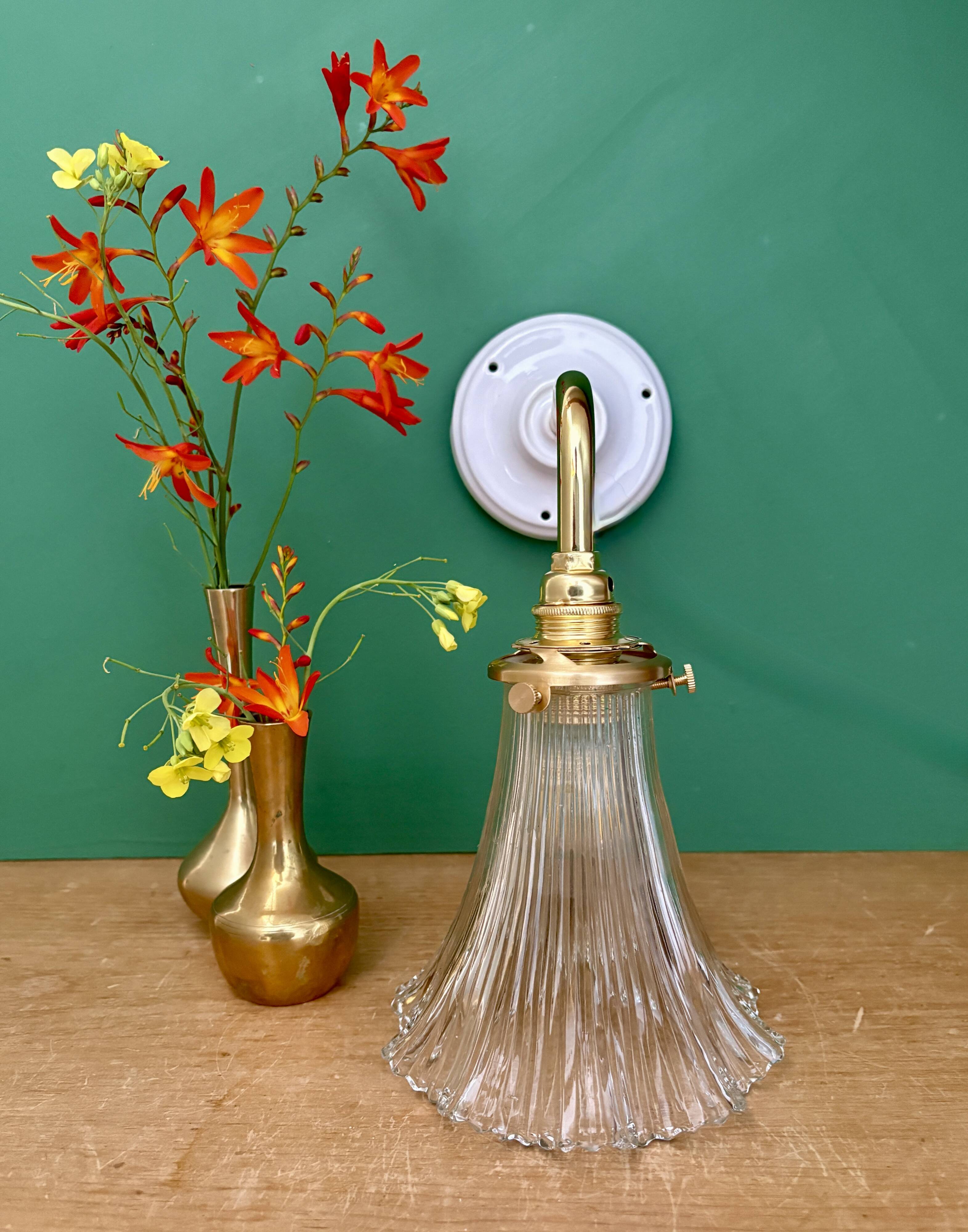 Vintage tulip angled wall light in holophane glass