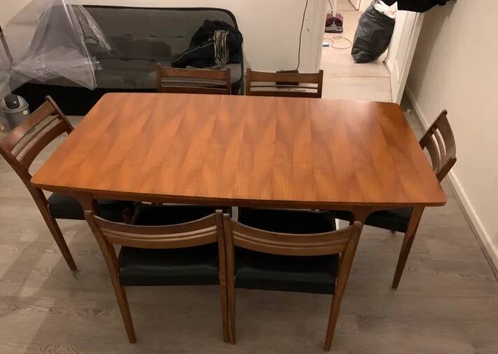 Set of 6 chairs plus table Scandinavian vintage teak 60s