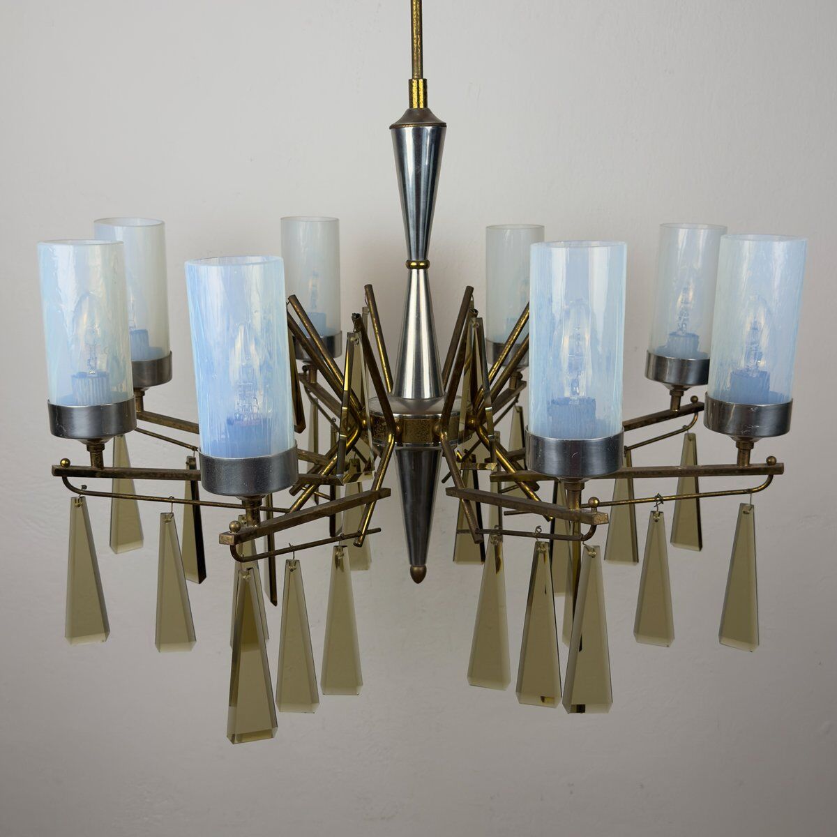 Large mid-century Italian sculptural chandelier in brass and glass, Italy, 1950s