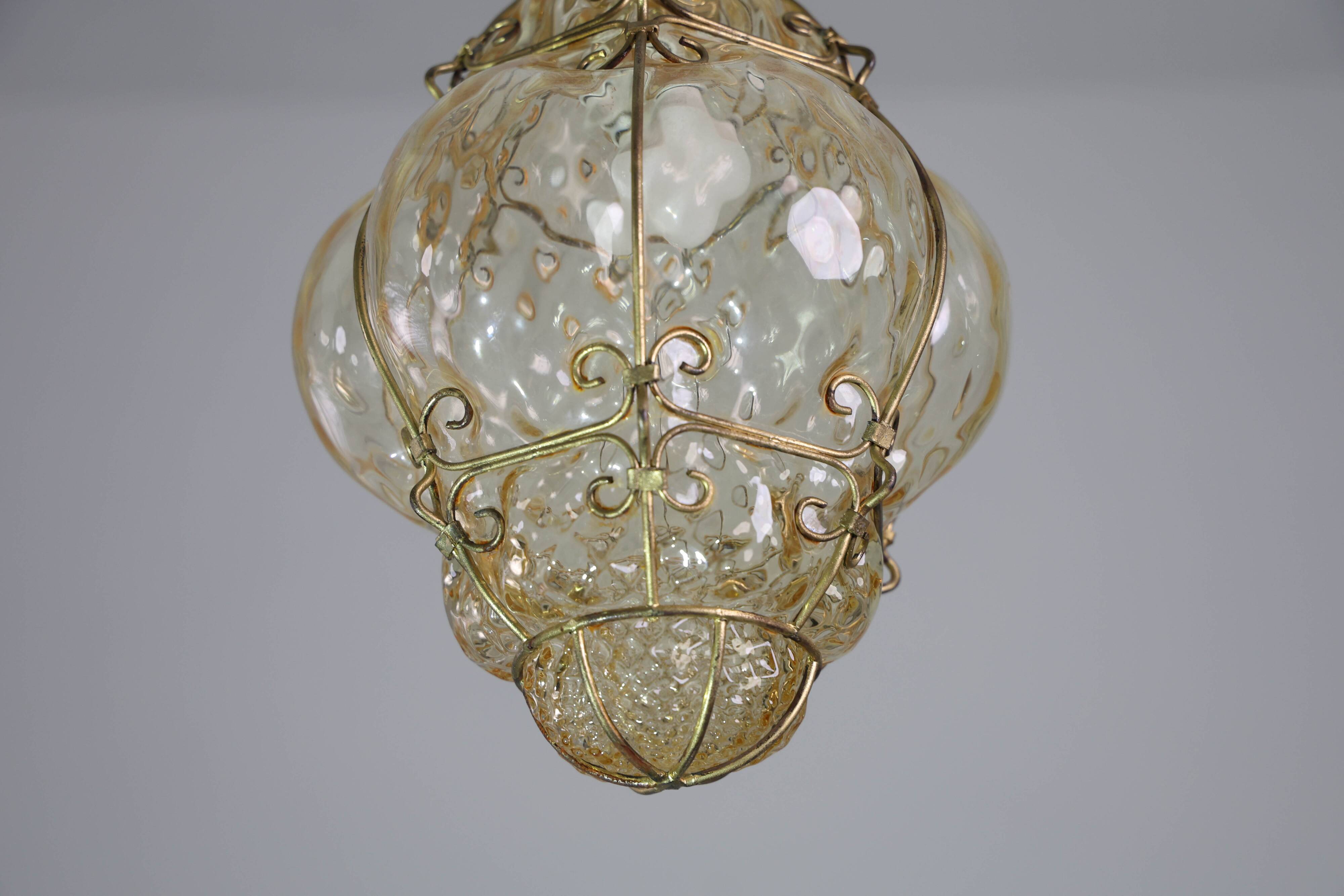 Set of 2 Wonderful Amber Vintage Venetian Lantern, Murano Glass, Italy, 1950s