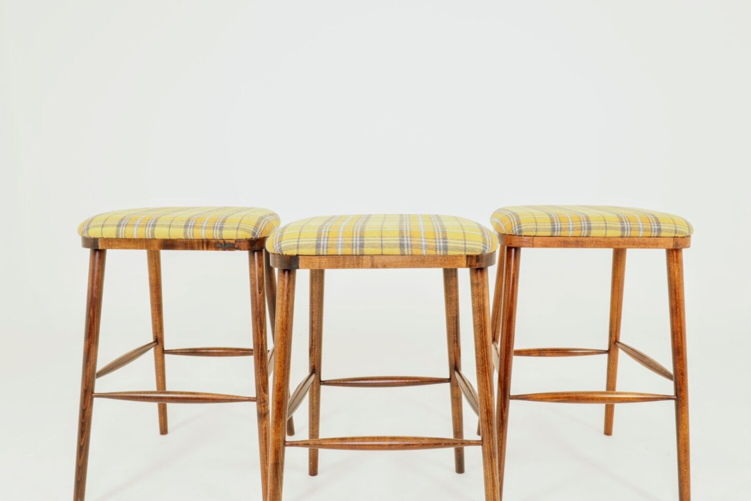 Set of 3 natural wood yellow wool bar stools