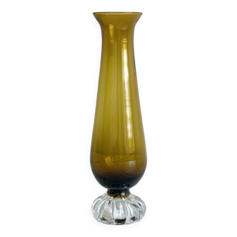 Vase soliflore en verre jaune ambré translucide, pied en forme fleur stylisée