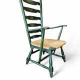 Vintage transparent green wooden arm chair / rush seat / high back ladder chair