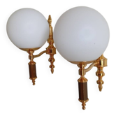 Pair of golden brass wall lights and opaline.