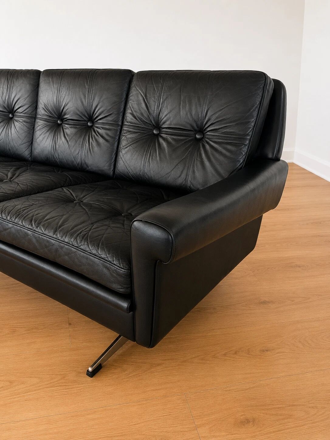 Vintage Danish Svend Skipper 4 person sofa in black leather and chrome