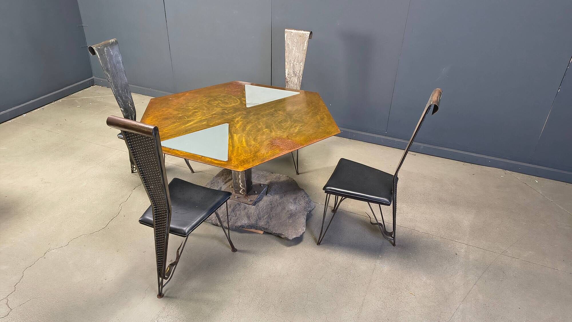 Hand crafted steel and stone dining set, 1970s