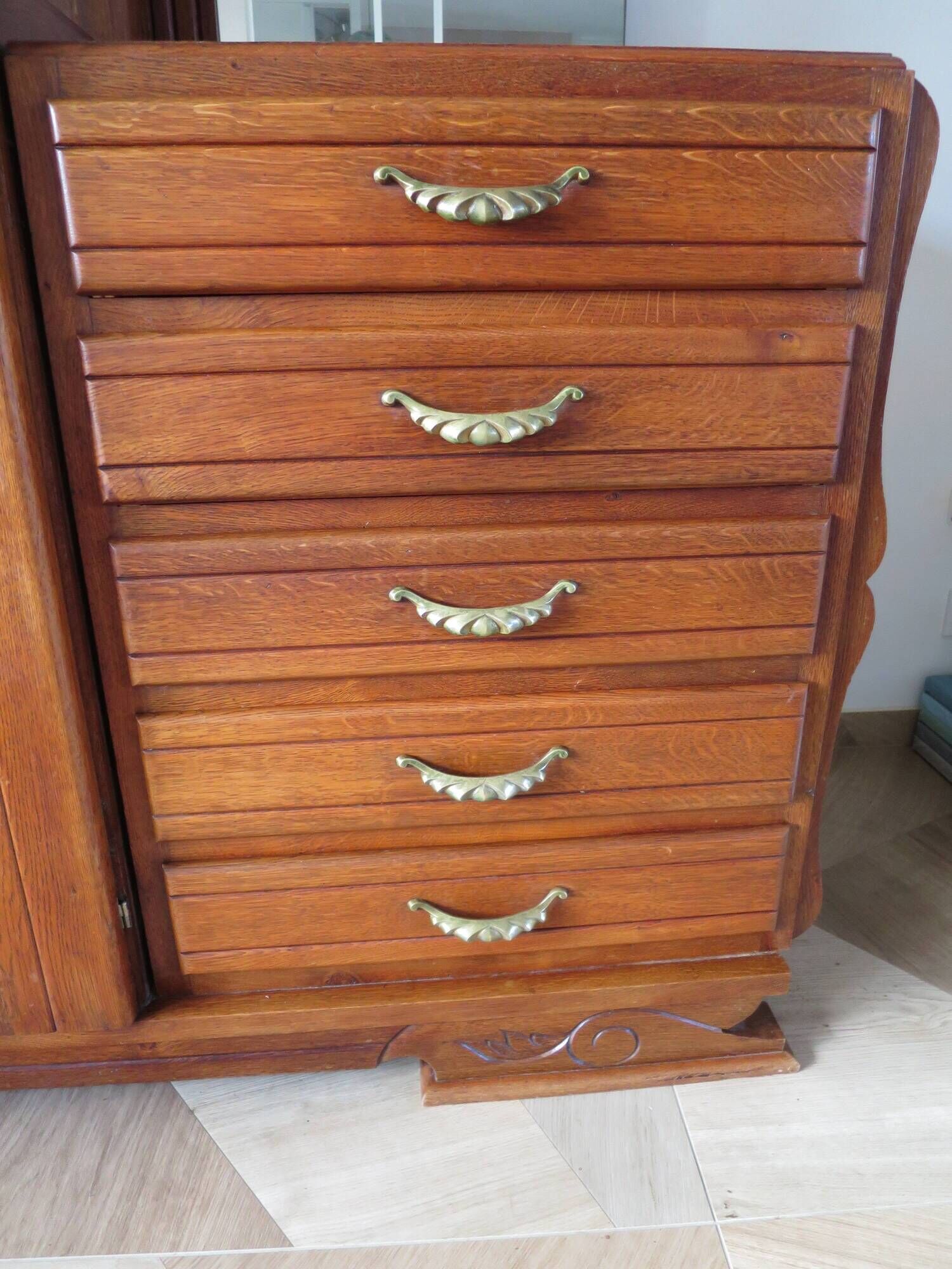 English asymmetrical chest of drawers - Art Deco - Mirror - 2 doors - 5 drawers - Mesh blond oak