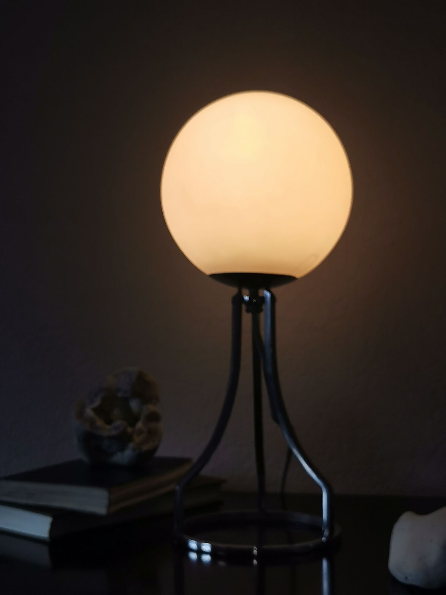 Lamp sphere of frosted glass, chrome steel, art deco, 1950