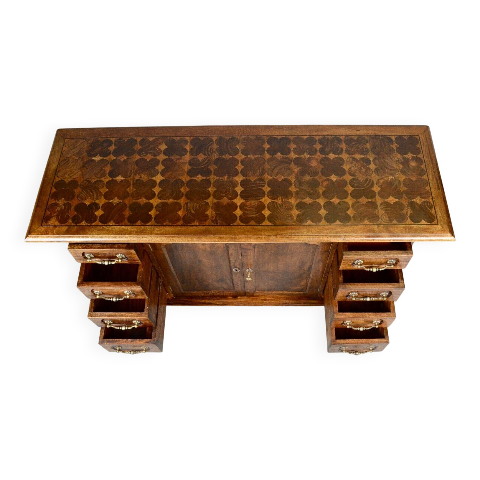 Rustic walnut sideboard with inlaid parquetry, vintage quality.