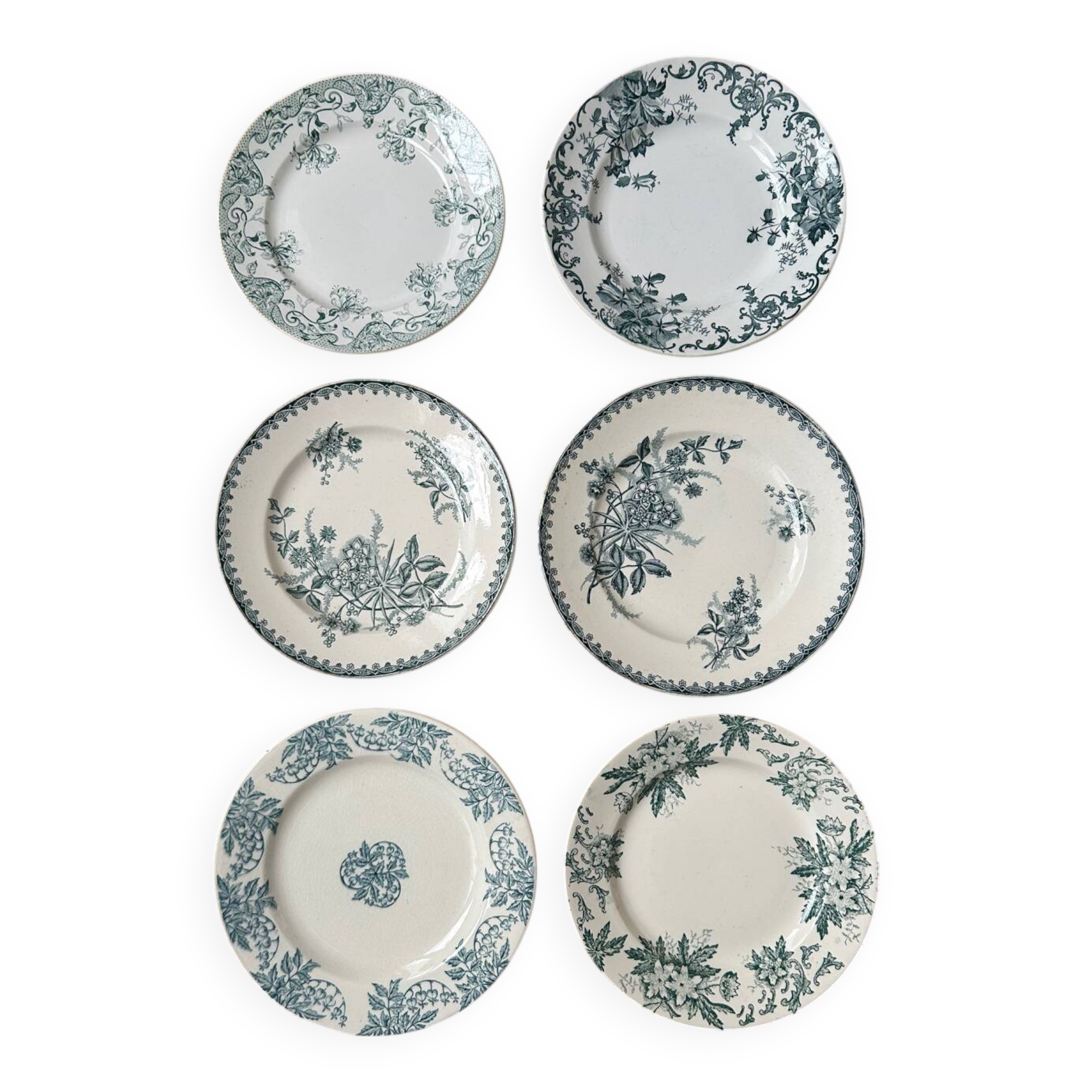 Set of 6 mismatched antique dinner plates