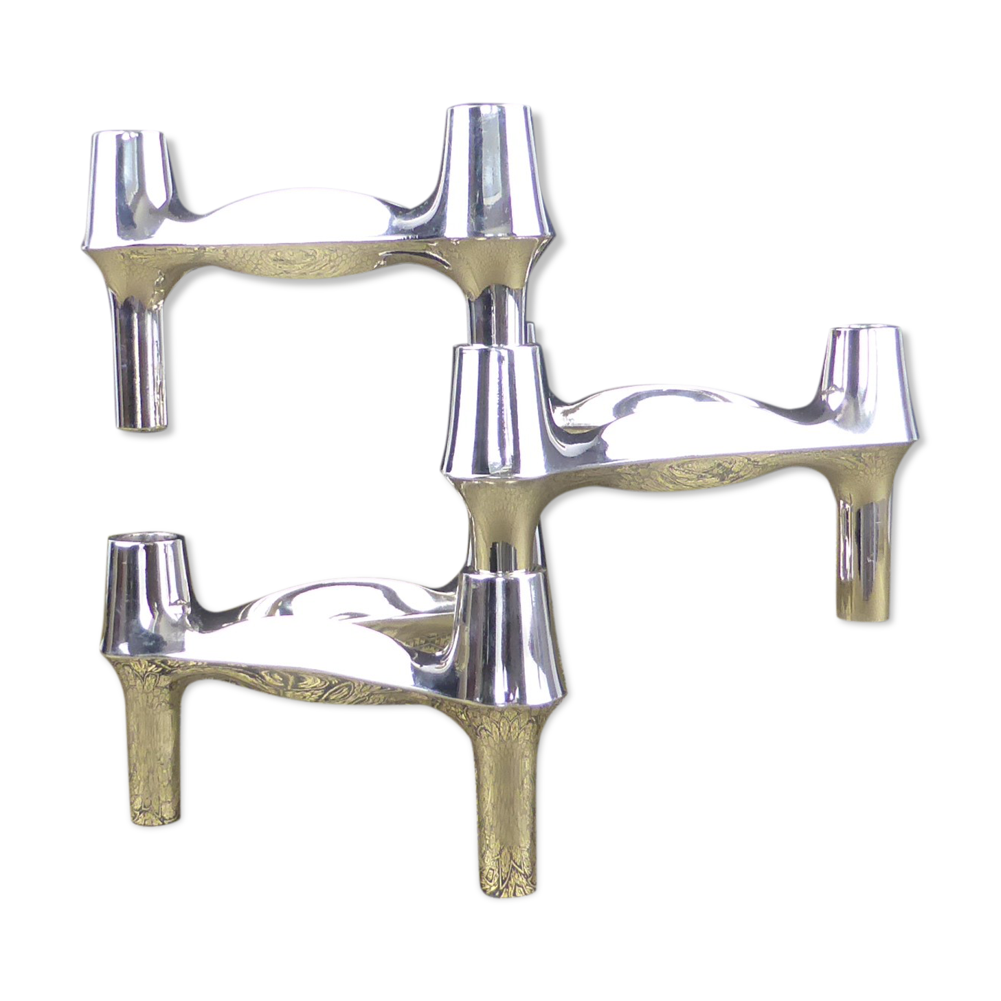 3 Combi-Leuchter chrome metal vintage candlesticks at BMF